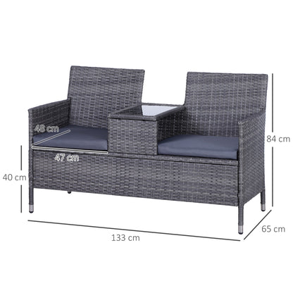 2-Seater PE Rattan Outdoor Garden Bench w/ Centre Table Grey