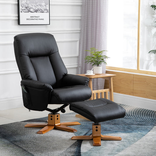 HOMCOM Black Leather Recliner Armchair, 10-point Massage, w/ Footstool, 145° Reclining, 360° Swivel 