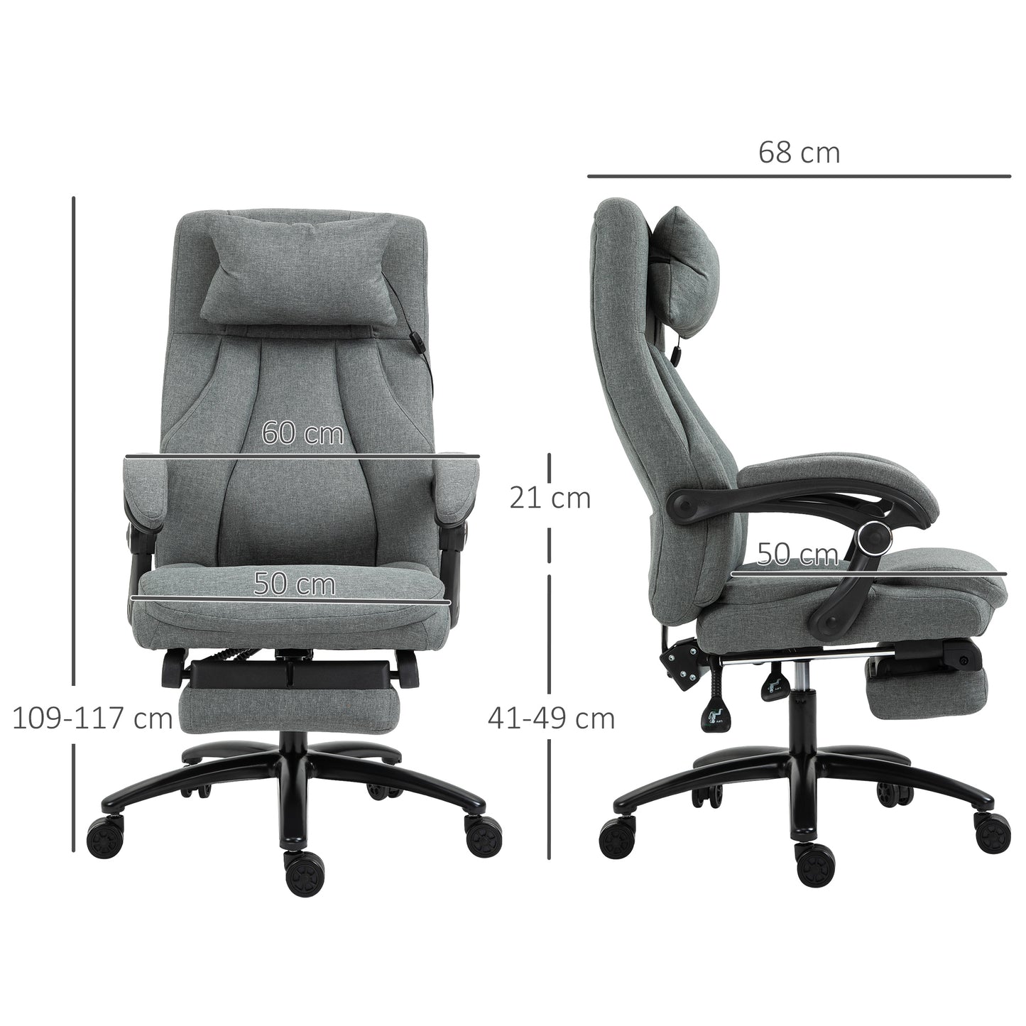 Office Chair with Footrest, Two-Point Massage Pillow, 130° Reclining, Linen, Adjustable Height, Grey