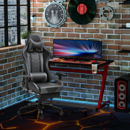 Homcom High-Back Gaming Chair Swivel Home Office Computer Racing Gamer Desk Chair Faux Leather With Footrest, Wheels, Black Grey 