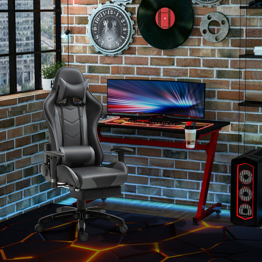 Homcom High-Back Gaming Chair Swivel Home Office Computer Racing Gamer Desk Chair Faux Leather With Footrest, Wheels, Black Grey 