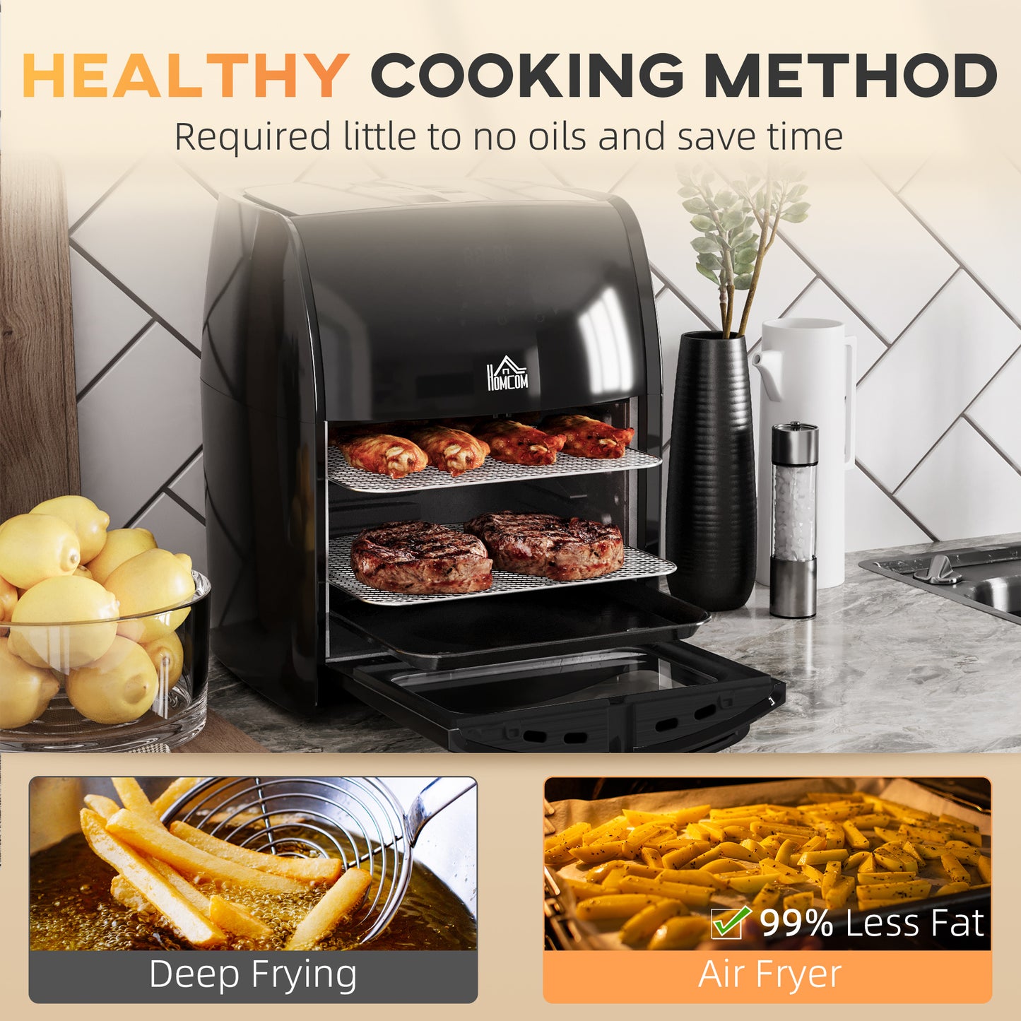 12L 8 in 1 Air Fryer with Racks, w/Air Fry, Roast, Broil, Bake, Dehydrate, Rapid Air Circulation and 60-Minute Timer Black