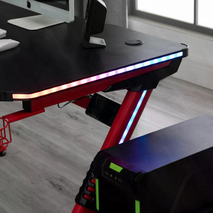 Gaming Computer Desk, with RGB LED Lights Racing Style Gaming Table with Cup Holder, Cable Management, Red