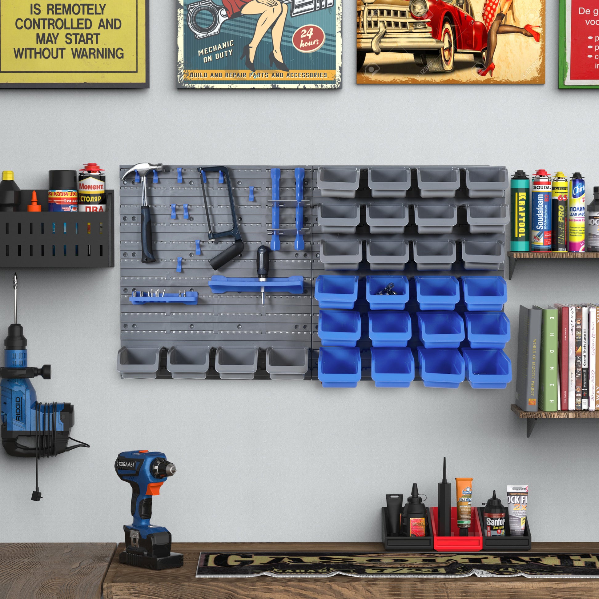 DURHAND 44 Piece Wall Mounted Tool Organizer Rack Kit w/ Storage Bins, Pegboard & Hooks, Blue 