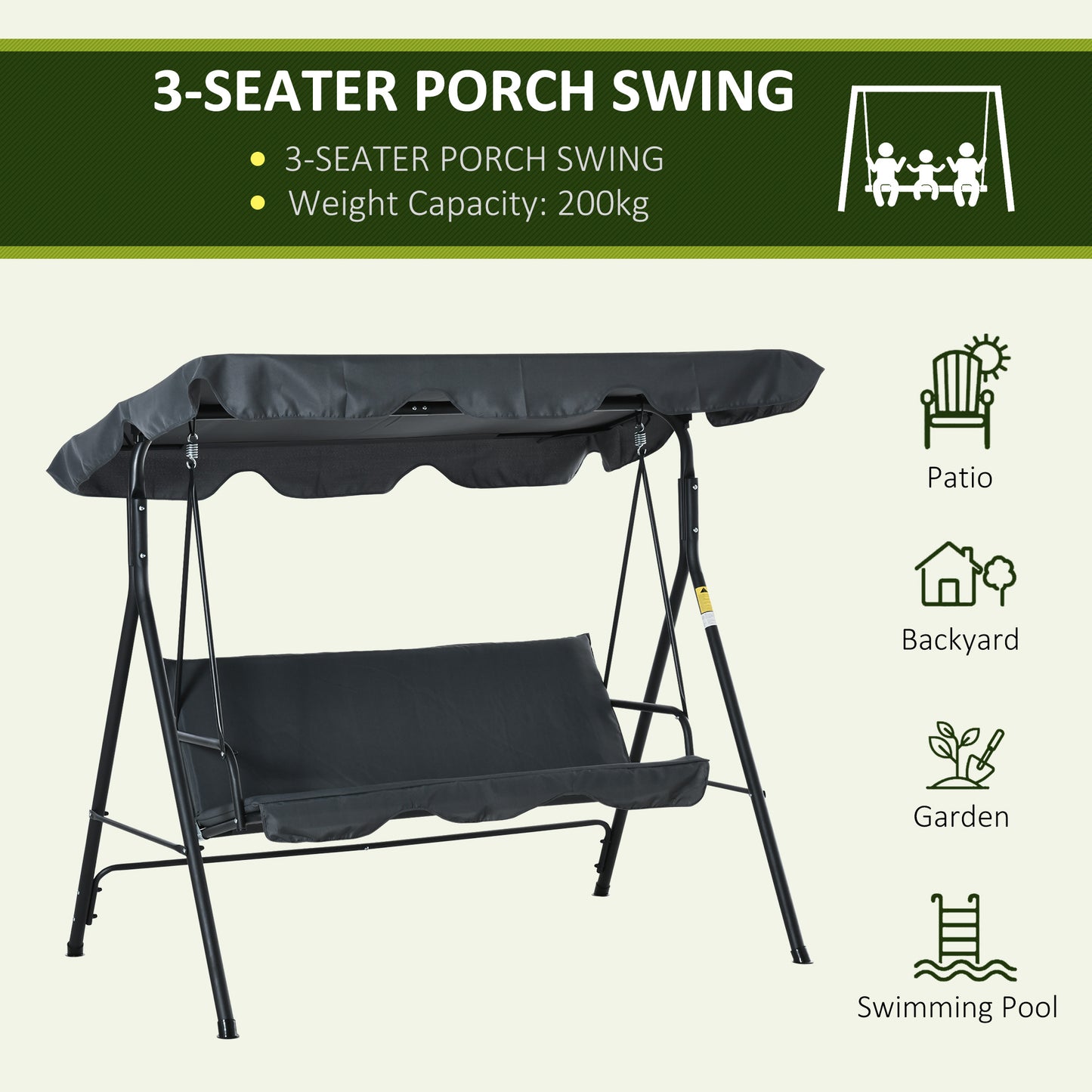 3-Person Porch Swing with Stand, Outdoor Swing for Patio Porch w/Adjustable Tilt Canopy Comfortable Swing Bench Grey