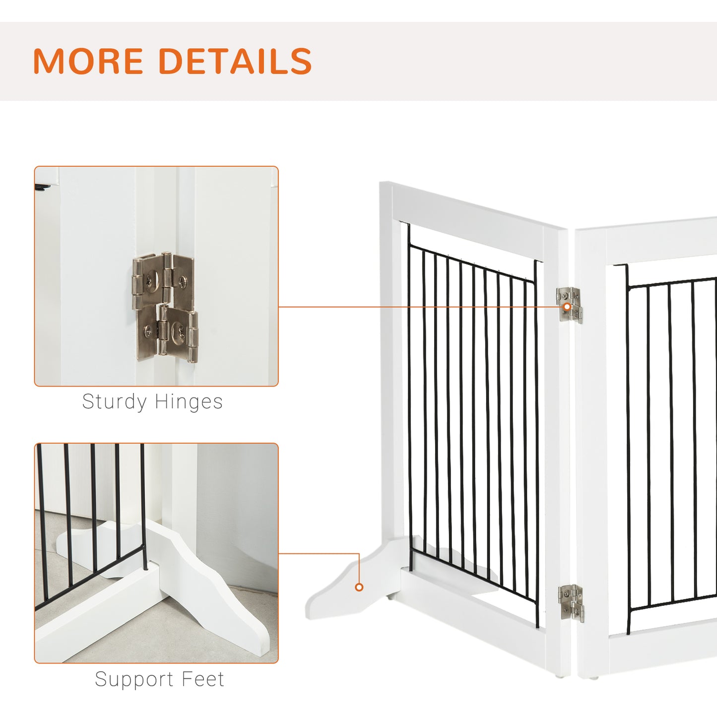 Foldable Pet Gate, with Three Panels & Two Support Feet - White