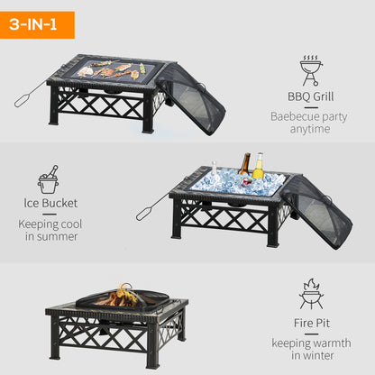 Metal Large Firepit Outdoor 3 in 1 Square Fire Pit Brazier w/ BBQ Grill, Lid, Log Grate, Poker for Backyard, Camping, Black