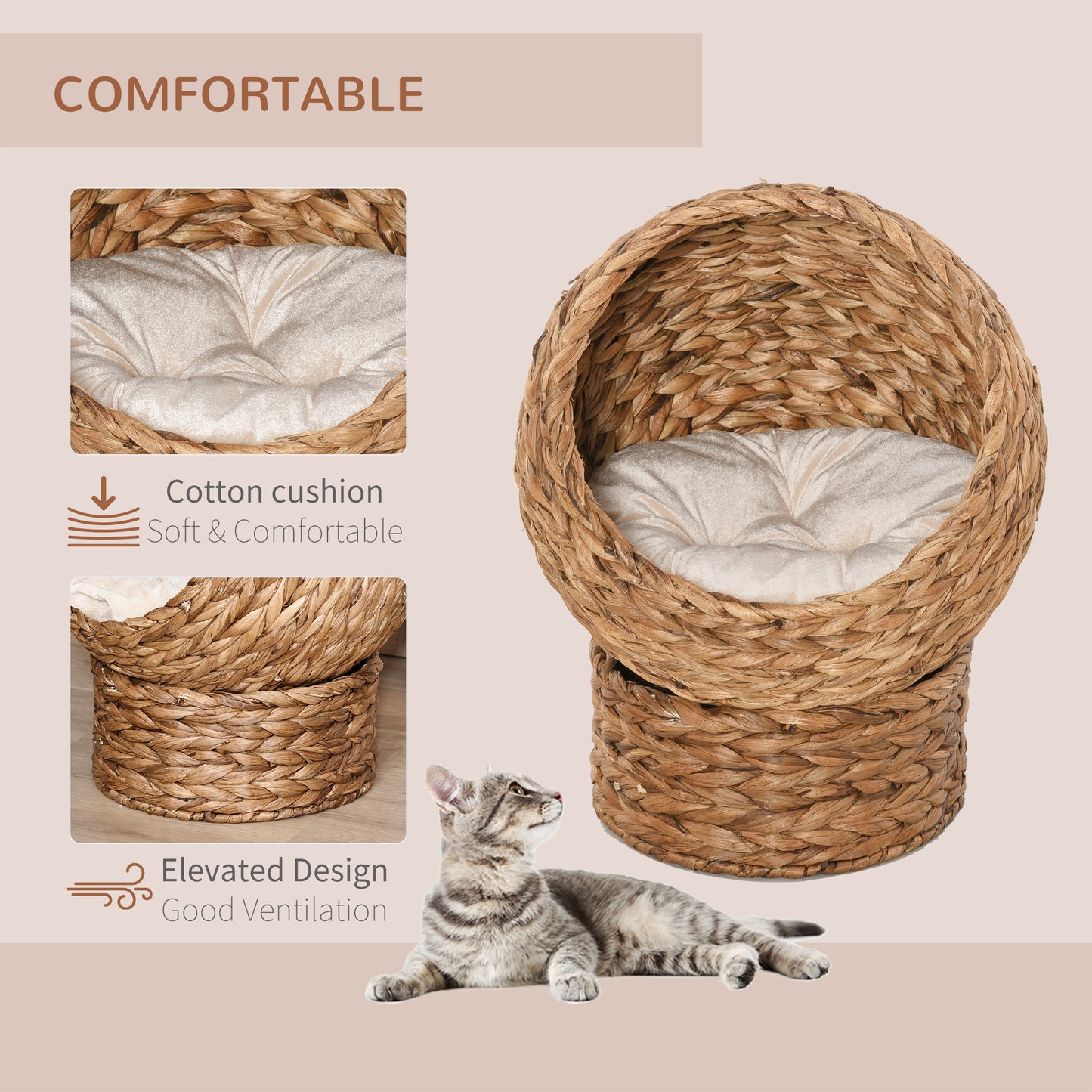 Cat Braided Banana Leaf House Enclosure, Designed for Indoors and Includes Super Soft Cotton Bed, 60cm, Beige