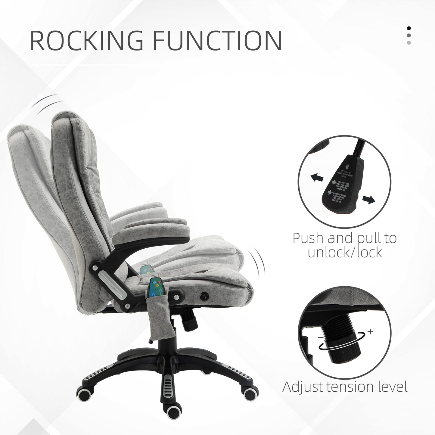 Massage Office Chair 135° Recliner Ergonomic Executive Heated Home Office Padded  Leathaire Fabric & Swivel Base Grey