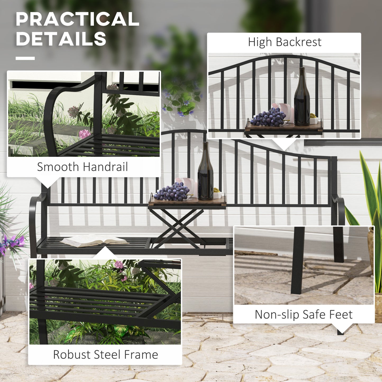 Outdoor Deluxe Metal Frame Patio Park Garden Bench Middle Table