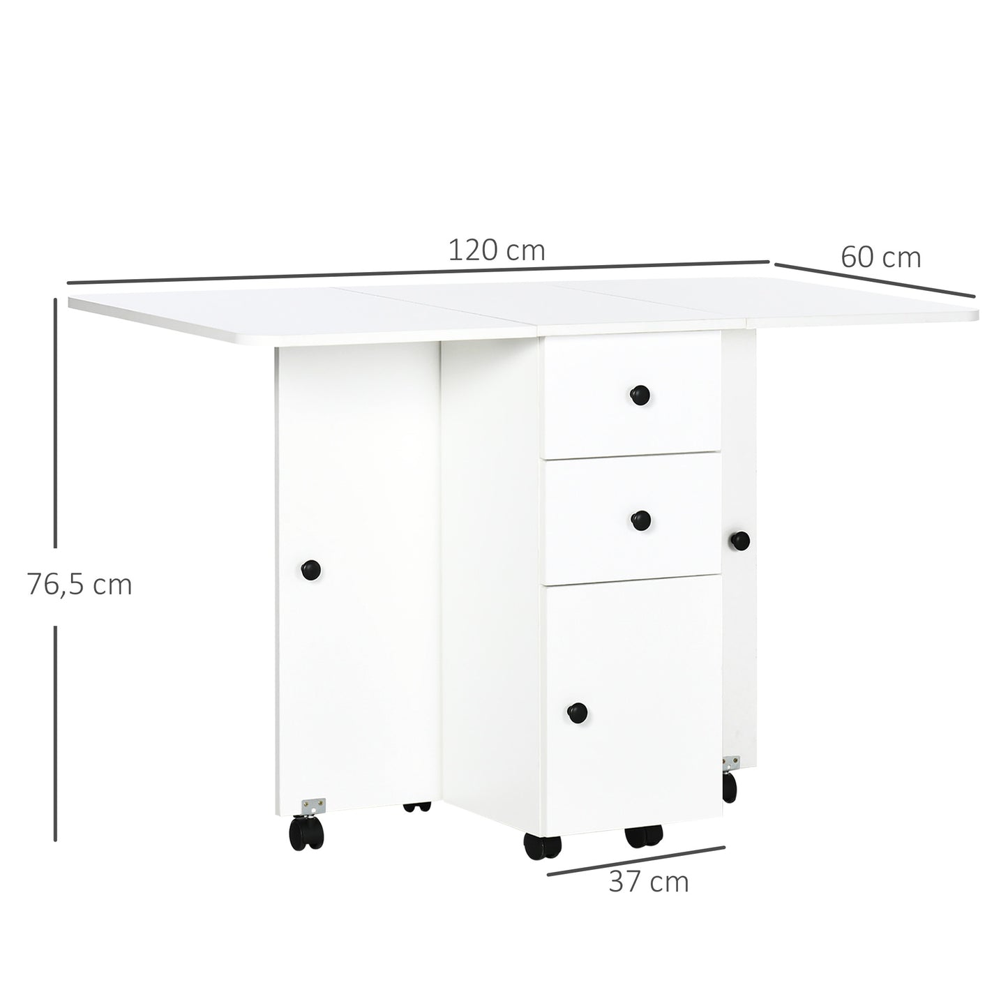 Folding Dining Table for 4-6, Rolling Drop Leaf Table with Storage Drawers, Cabinet and Open Shelf, Extendable on Wheels, White