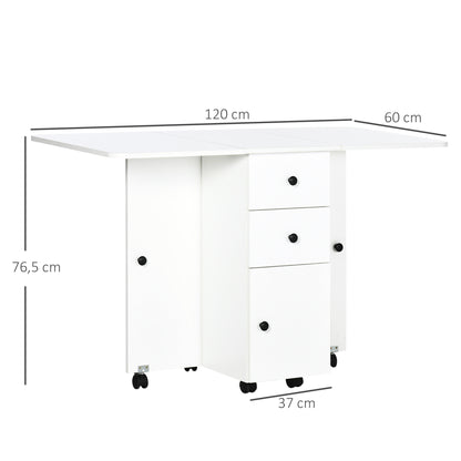 Folding Dining Table for 4-6, Rolling Drop Leaf Table with Storage Drawers, Cabinet and Open Shelf, Extendable on Wheels, White