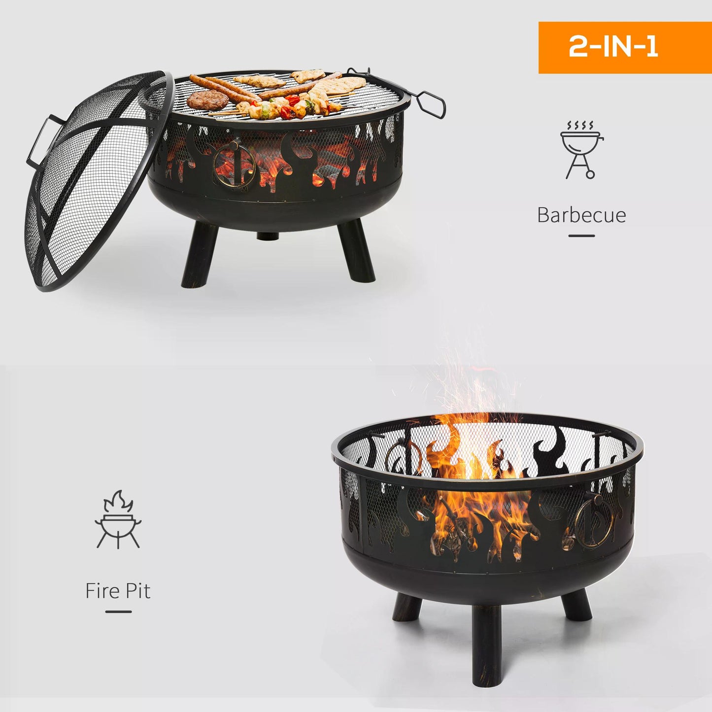 2-in-1 Outdoor Fire Pit with Cooking Grate Steel BBQ Grill Bowl Heater with Spark Screen Cover