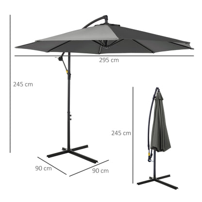 3m Cantilever Umbrella Garden Banana Parasol Patio Hanging Sun Shade - Grey