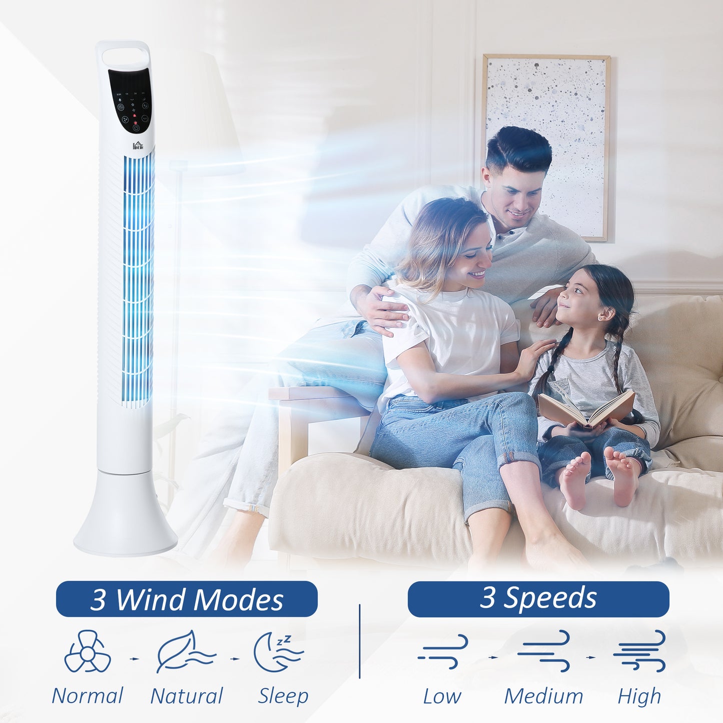 Freestanding Tower Fan, 3 Speed 3 Mode, 7.5h Timer, 70 Degree Oscillation, LED Panel, 5M Remote Controller, White