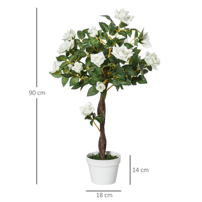 Artificial Camellia Tree Fake Decorative Plant 21 Flowers with Nursery Pot for Indoor Outdoor Décor, 90cm, White and Green