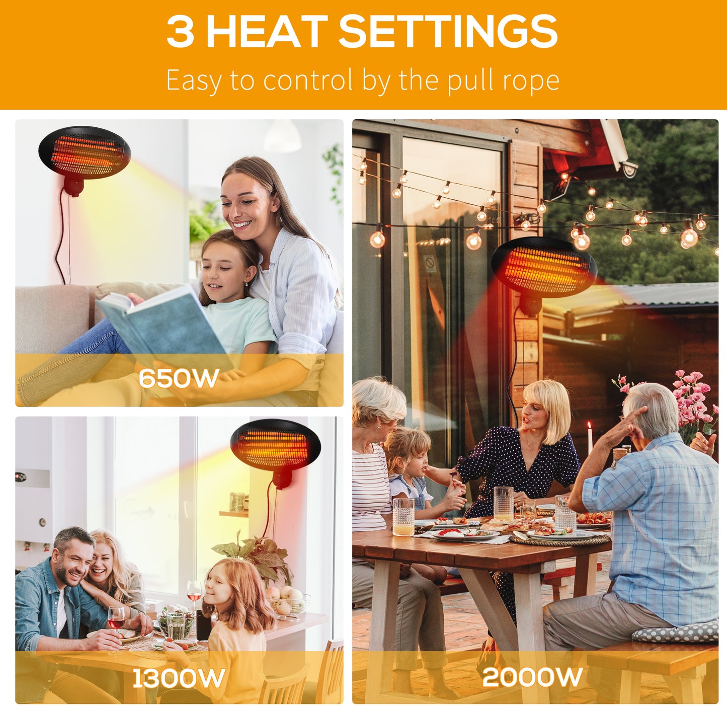 Wall Mounted Electric Infrared Patio Heater Garden Heater Warmer Aluminium 3 Power Setting 2kW Outdoor & Indoor