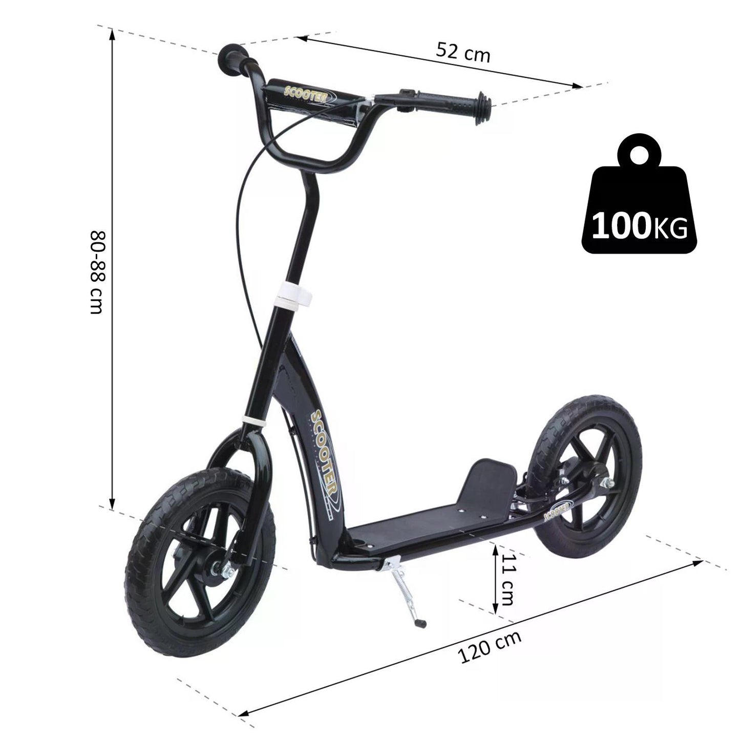 Bicycle Scooter, Kick Scooter for Kids, Big Wheel, 12" Tyres Height Adjustable, Steel Frame-Black