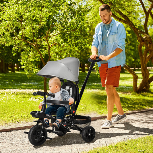 HOMCOM Childrens Push Chairs, 4 in 1 Foldable Pedal w/ Reversible Angle Adjustable Seat Removable Handle Canopy Handrail Grey 