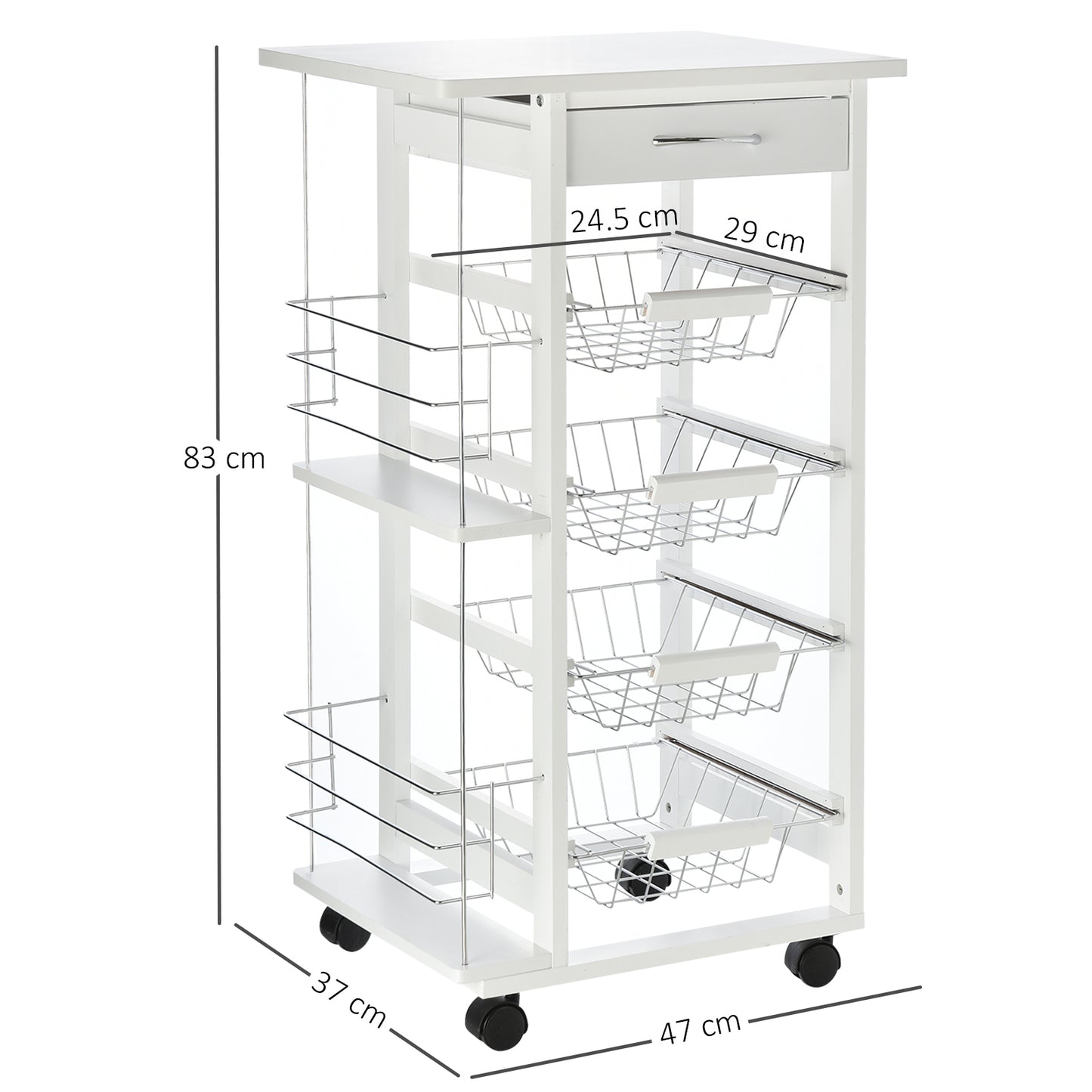 Multi-Use Kitchen Island Trolley w/4 Baskets 2 Side Racks Drawer Worktop 4 Wheels Worktop Food Storage White