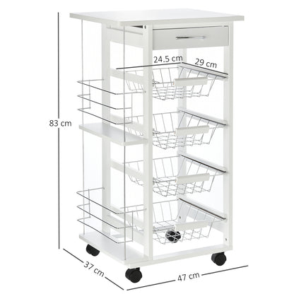 Multi-Use Kitchen Island Trolley w/4 Baskets 2 Side Racks Drawer Worktop 4 Wheels Worktop Food Storage White