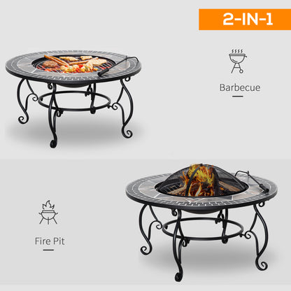 2-in-1 Outdoor Fire Pit, Patio Heater with Cooking BBQ Grill, Firepit Bowl with Spark Screen Cover, Fire Poker for Backyard