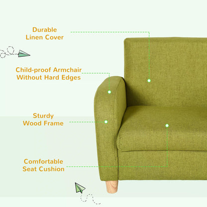 Childrens Armchair, Toddlercouch, Wood Frame, Linen Armchair - Green