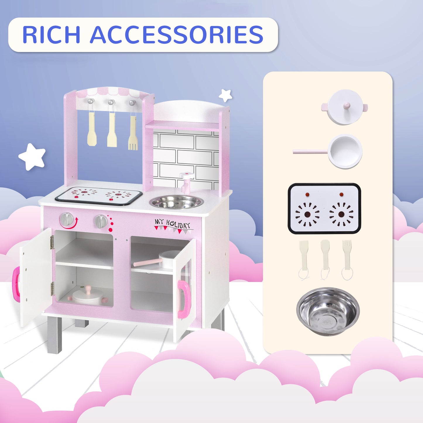 Pink Childrens Kitchen, Role Play Kitchen with Storage Space Kids Kitchen Playset for Children 3+