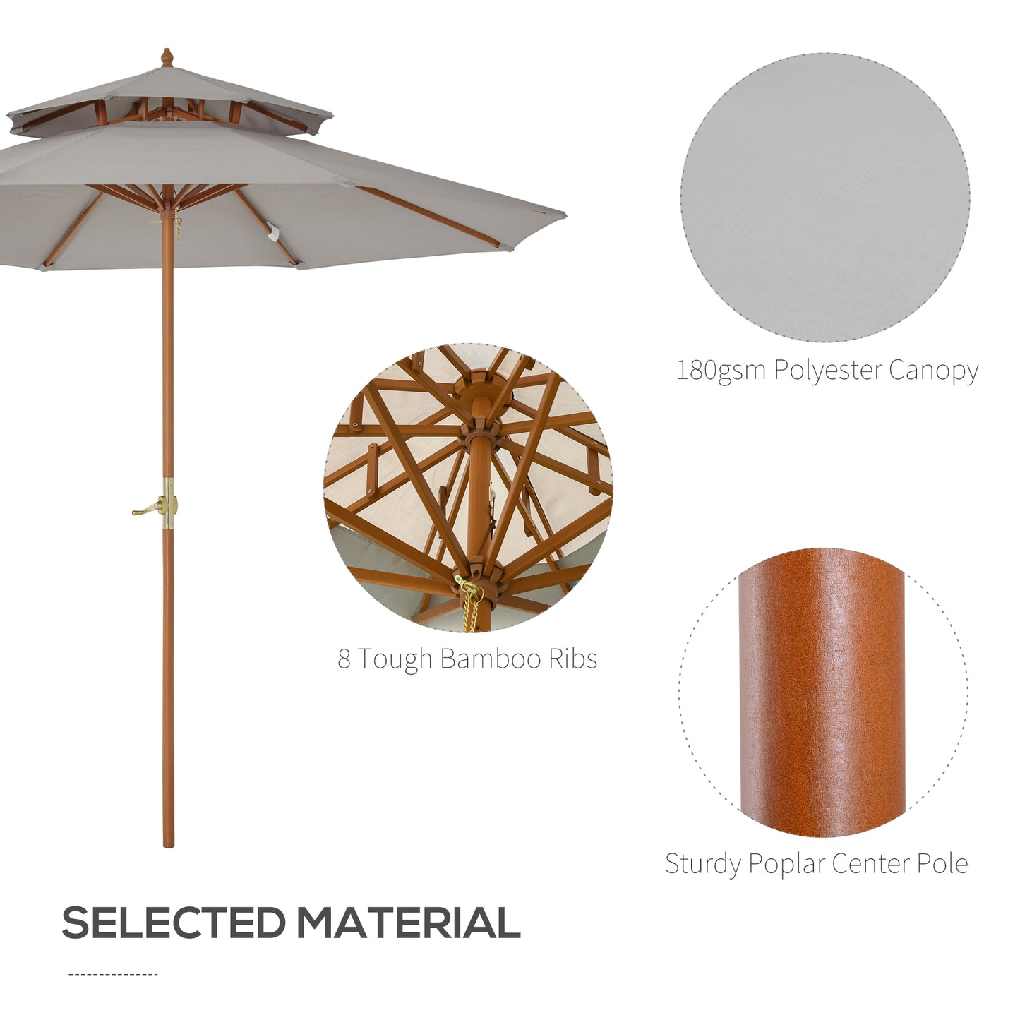 2.7 m Double Tier Outdoor Patio Garden Sun Umbrella Sunshade Wooden Parasol Grey