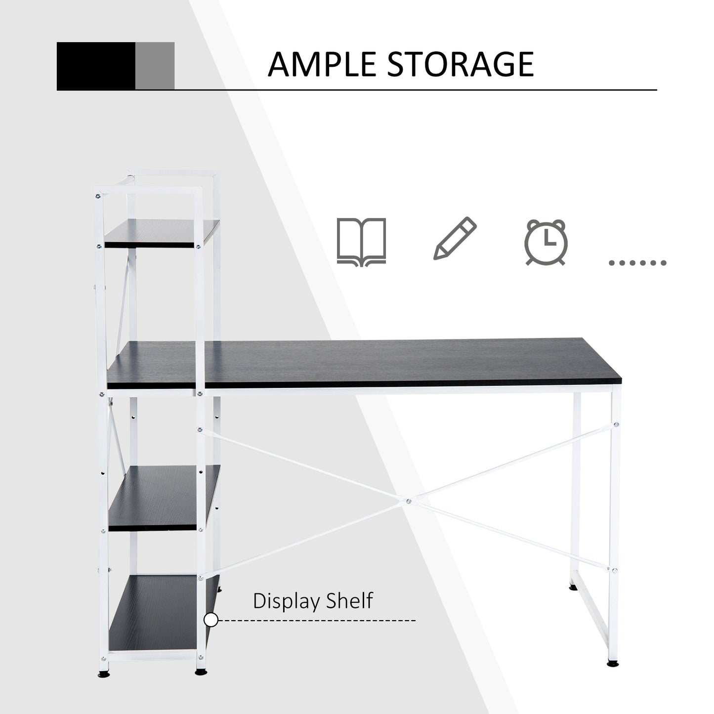 Corner Desk with Storage, Bookshelf, Metal Frame-White/ Black Colour