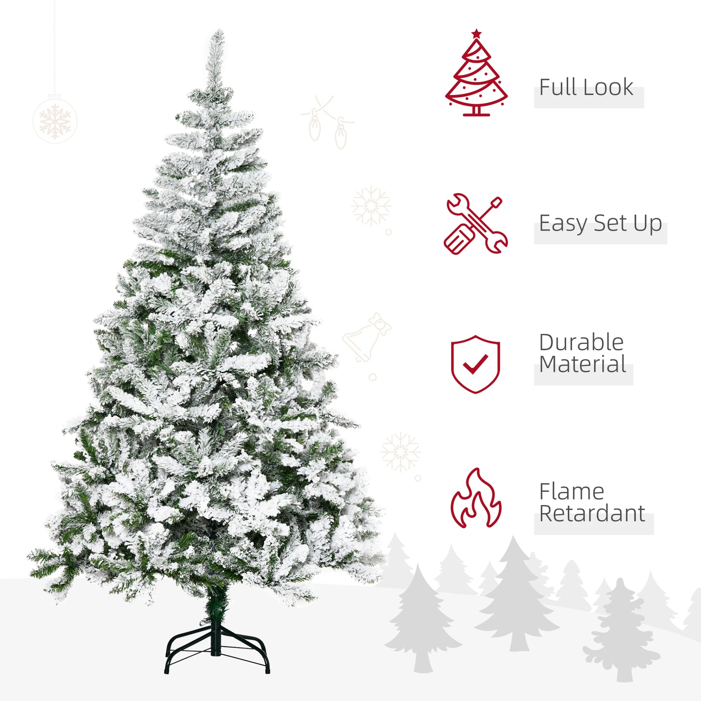 6ft Snow Flocked Artificial Christmas Tree Xmas Pine Tree with 750 Realistic Branches, Auto Open and Steel Base, Green