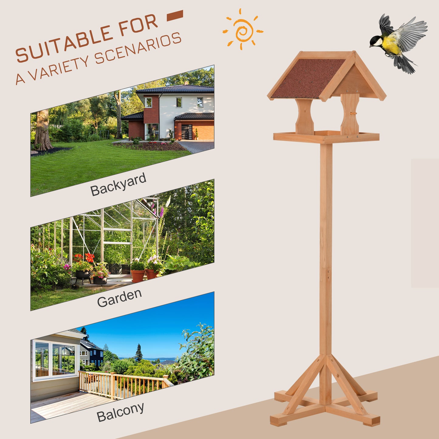 Wooden Bird Feeder Table Freestanding with Weather Resistant Roof Cross-shaped Support Feet