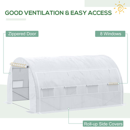 4 x 3 x 2 m Polytunnel Greenhouse, W/ Steel Frame Reinforced Cover Zippered Door&8 Windows White