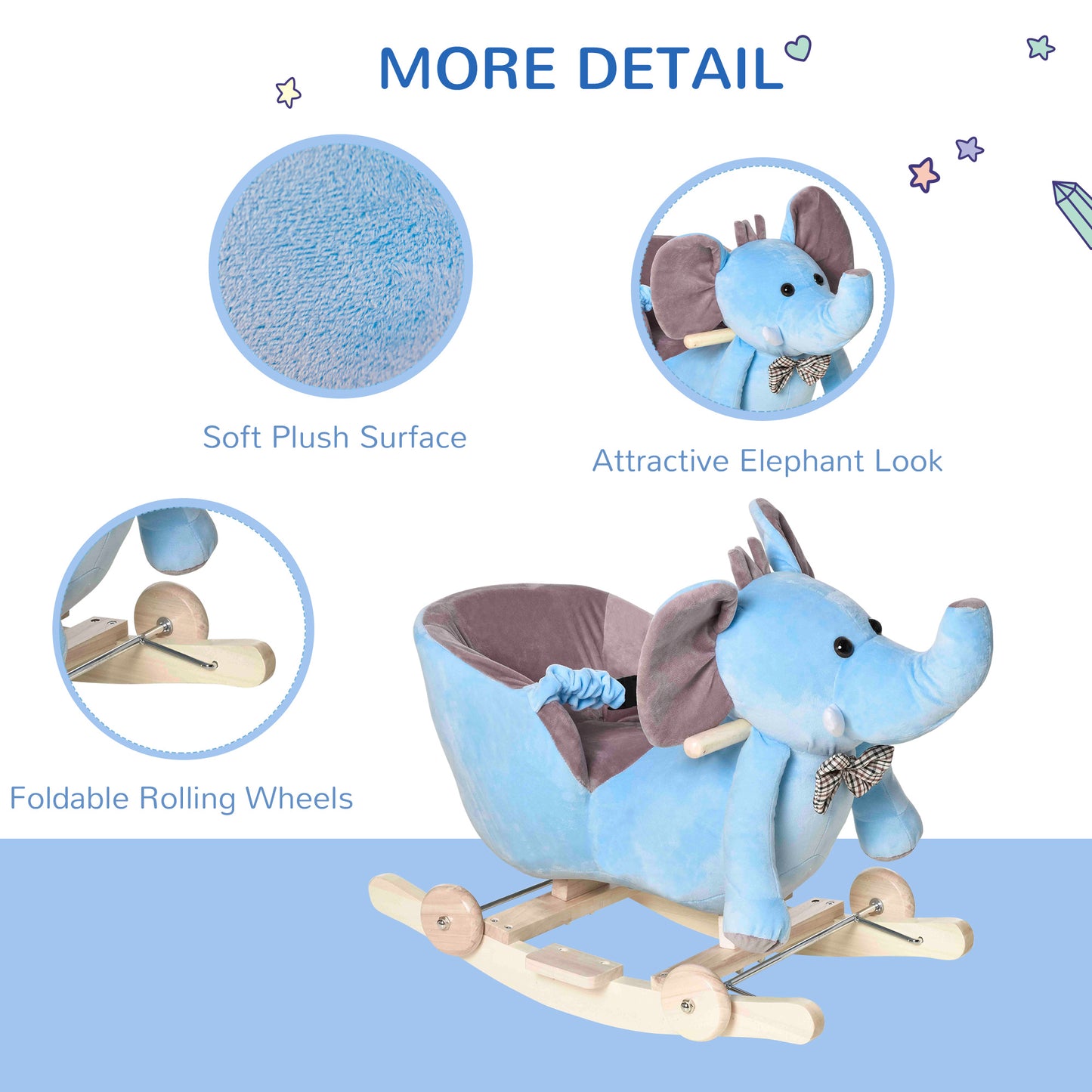 Elephant Rocking, Wooden Rocking Horse, w/Wheels and Sound - Blue