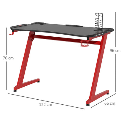 Gaming Computer Table, 122cm Width w/Cup Holder, Headphone Hook, Gamepad Holder, Cable Management Red Black  Aosom IE