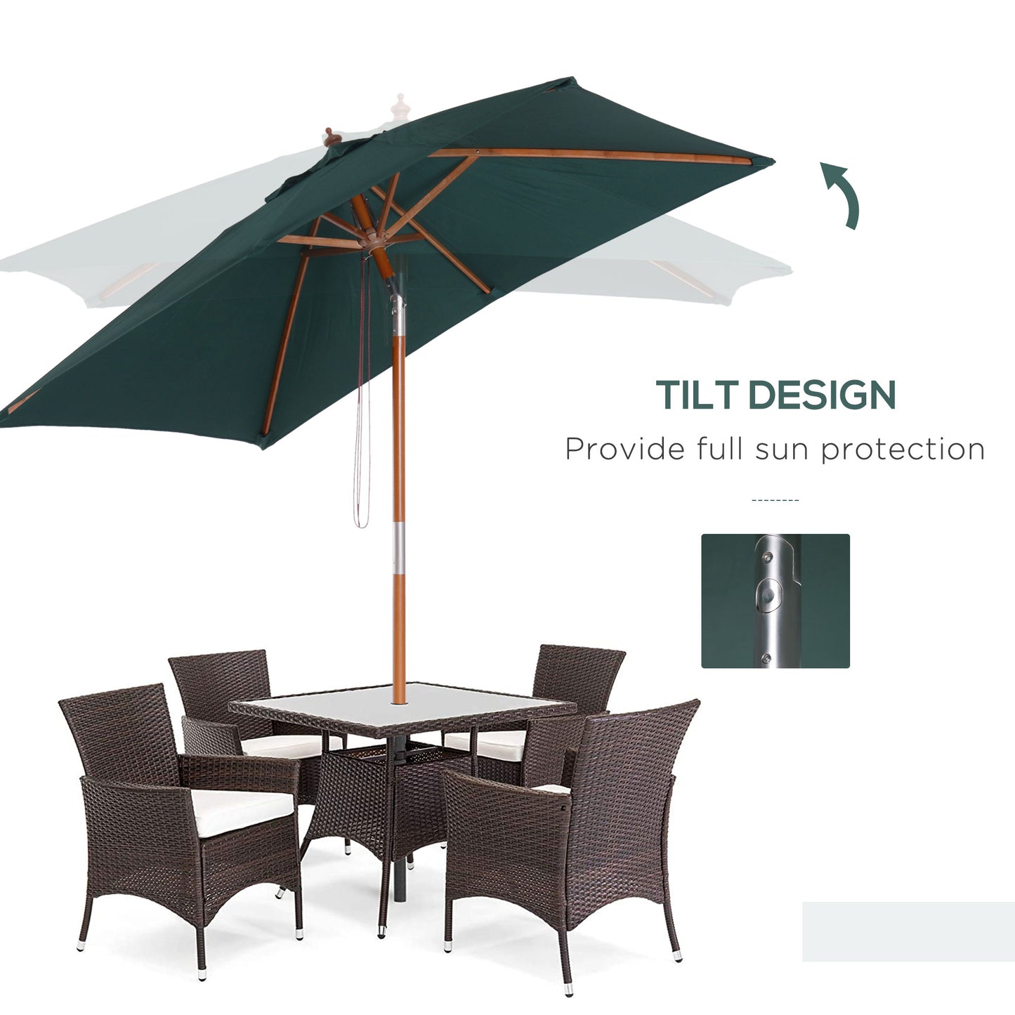 2mx1.5m Patio Parasol Garden Umbrellas Sun Umbrella Bamboo Sunshade Canopy Outdoor Backyard Furniture Fir Wooden Pole 6 Ribs Tilt Mechanism