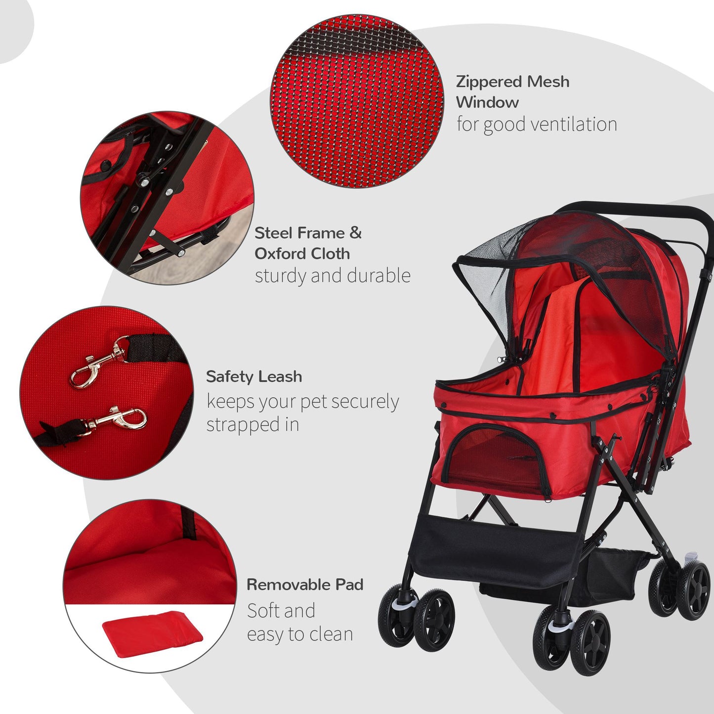 Pet Stroller Dog Cat Travel Pushchair Foldable Jogger with Reversible Handle EVA Wheel Brake Basket Adjustable Canopy Red