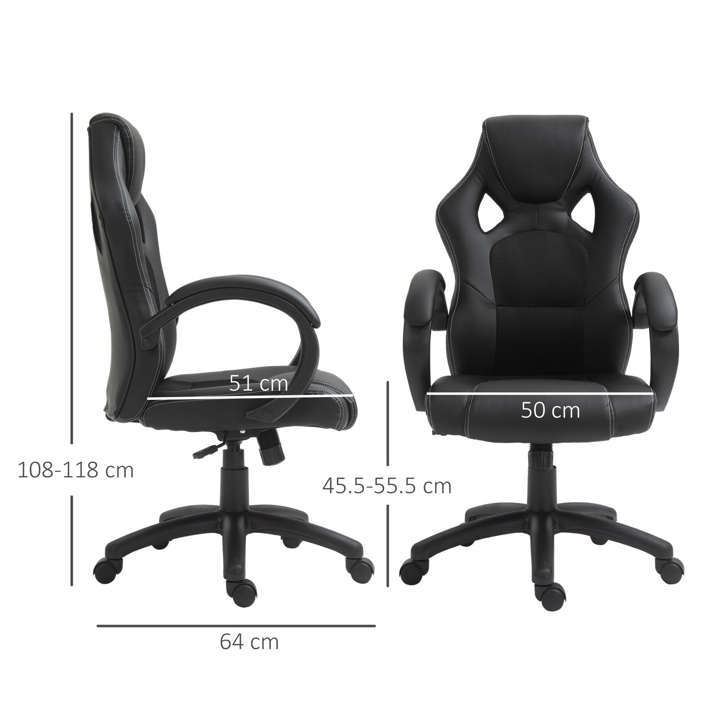 Black Leather Office Chair, with 360-degree Swivel & Wheels, Computer Racing Gamer Desk Chair for Home Office