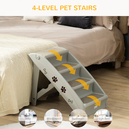 Pet Steps, Foldable Four-Step Pet Stairs, Small Miniature Dogs, with Non-Slip Mats 62 x 38 x 49.5cm - Grey