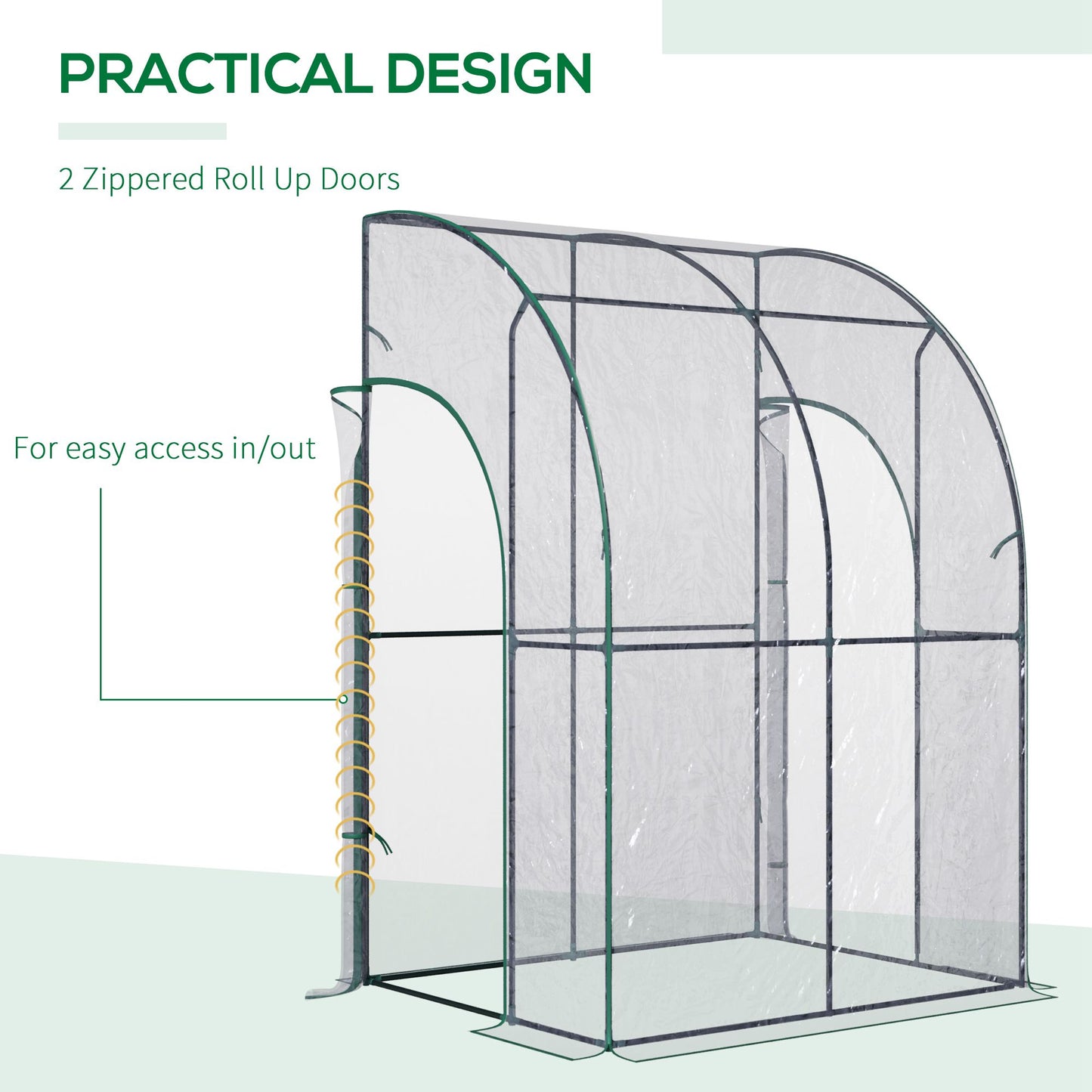 Outdoor Walk-In Lean to Wall Tunnel house w/ Zippered Roll Up Door PVC Cover Sloping Top Clear 143cm x 118cm x 212cm