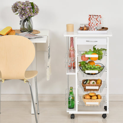 HOMCOM Multi-Use Kitchen Island Trolley w/4 Baskets 2 Side Racks Drawer Worktop 4 Wheels Worktop Food Storage White