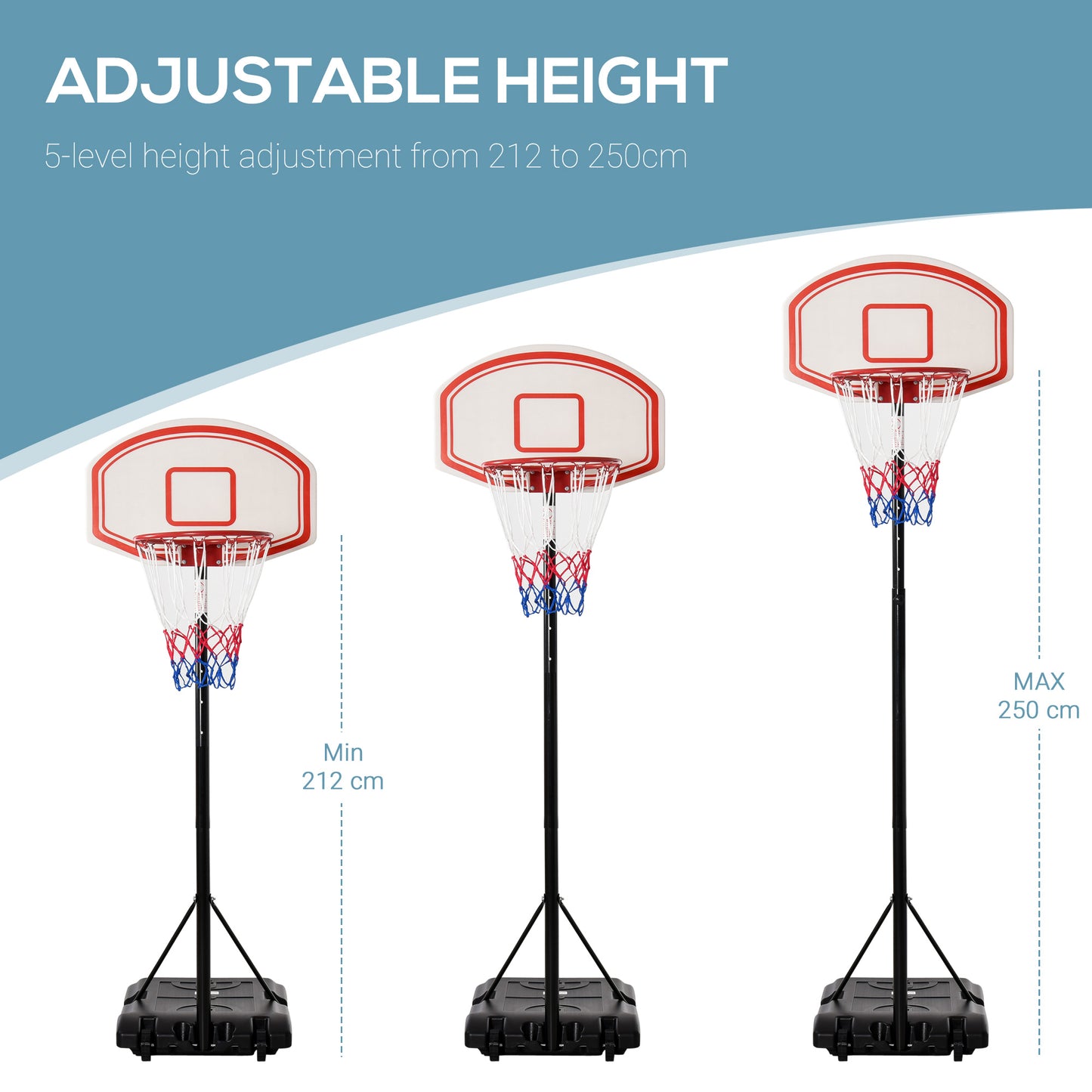 Basketball Hoop and Stand, Portable. 175-215cm Adjustable Height Sturdy Rim Hoop w/ Large Wheels Stable Base Net Free Standing