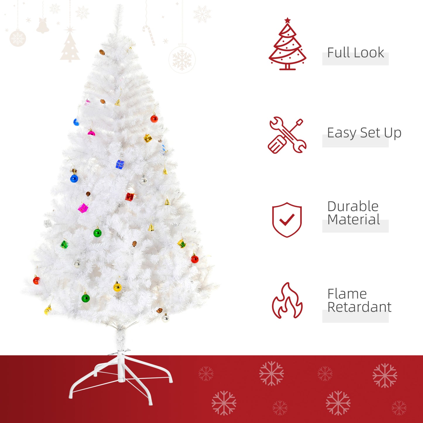 6ft Artificial White Christmas Tree Holiday Home Decoration with Xmas Ornaments and Metal Stand