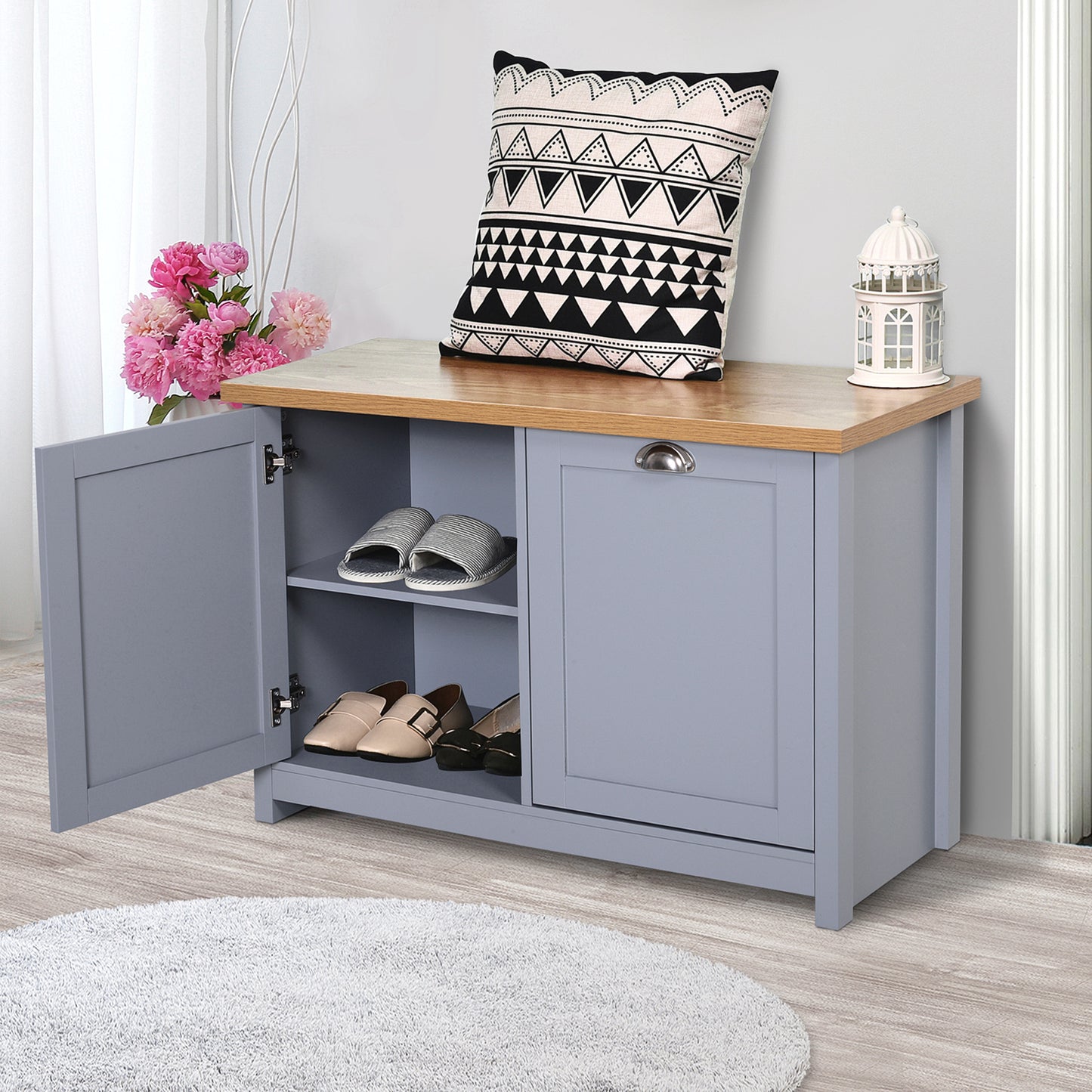 Shoe Cabinet Organisation Chic w/ 4 Storage Units Wood Effect Tabletop Hallway Home Grey