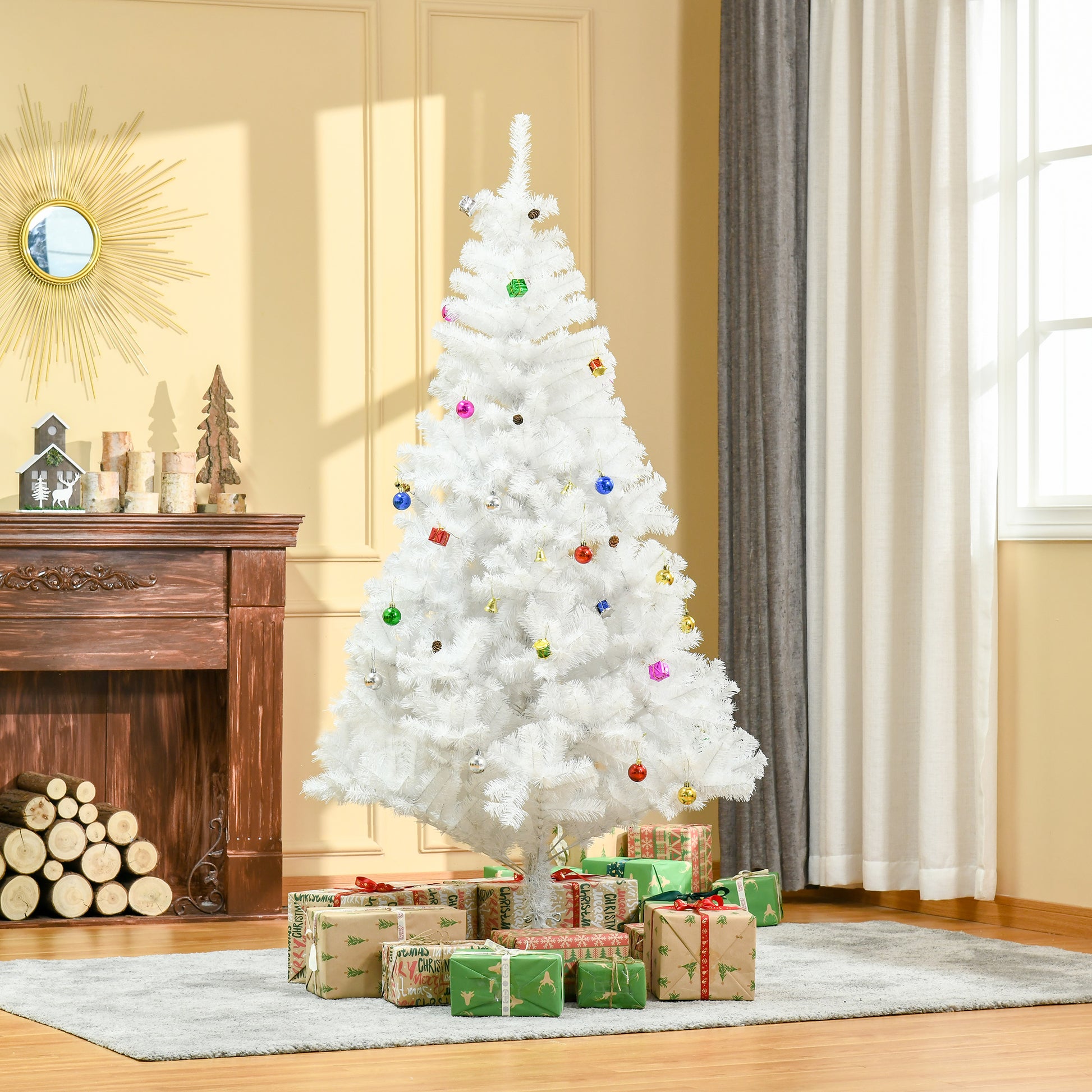 HOMCOM 6ft Artificial White Christmas Tree Holiday Home Decoration with Xmas Ornaments and Metal Stand 