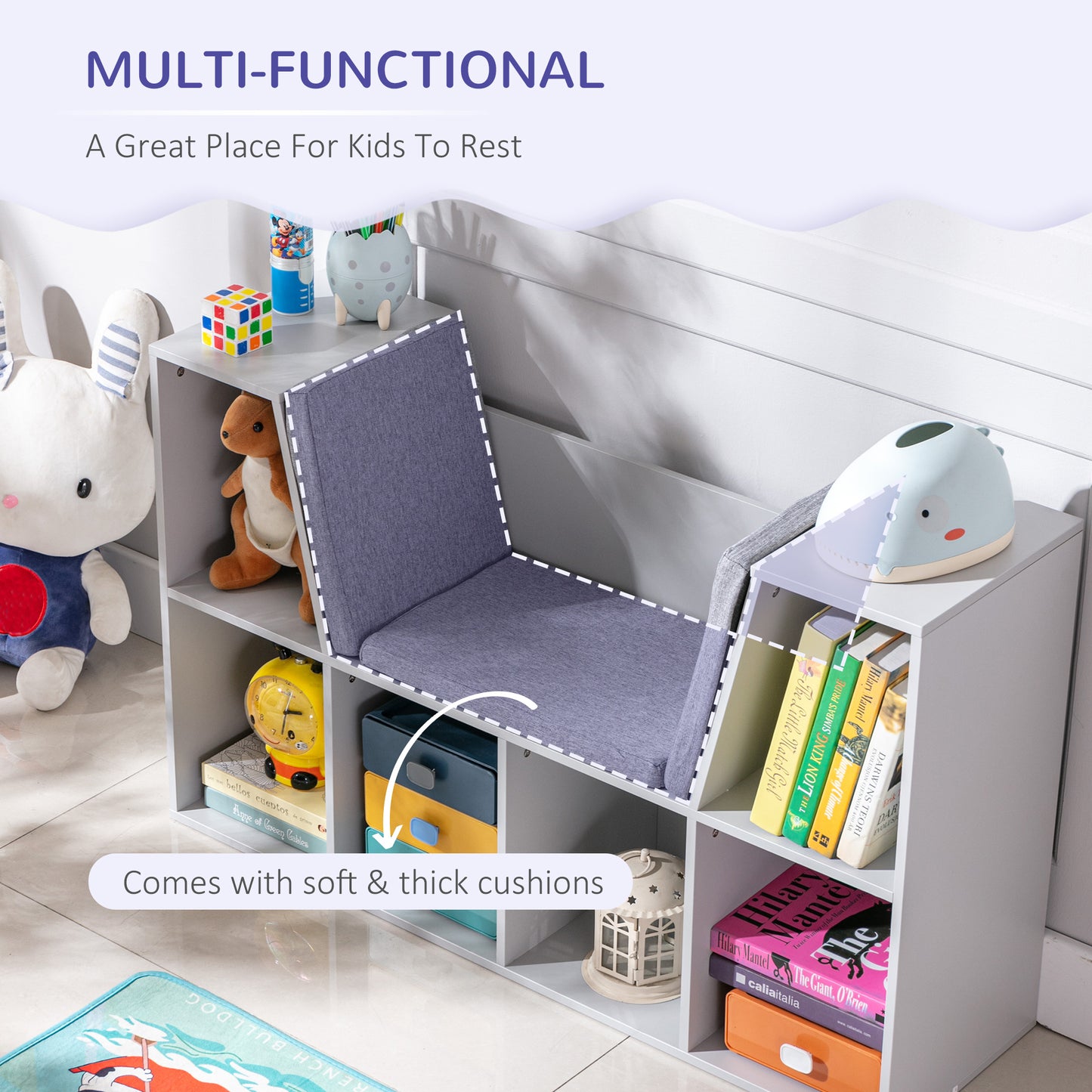 Childrens Bookcase with Storage, w/Reading Nook and Cushion, Multi-Purpose Storage Organizer for Bedroom, Living Room, Grey