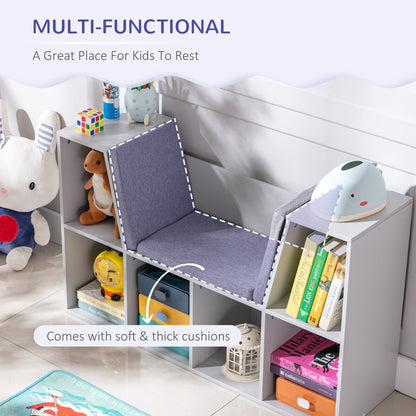 Childrens Bookcase with Storage, w/Reading Nook and Cushion, Multi-Purpose Storage Organizer for Bedroom, Living Room, Grey