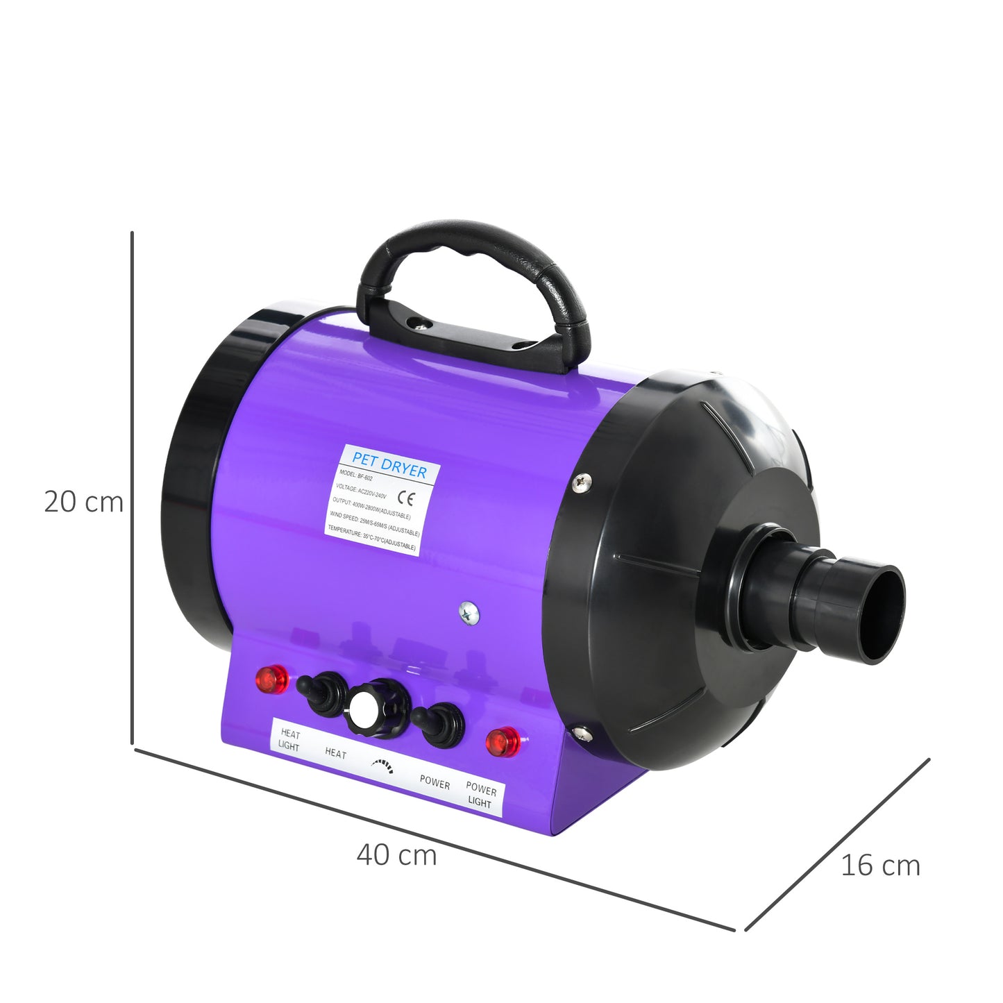 2800W Dog Hair Dryer Pet Grooming Blaster Water Blower Dryer w/ 3 Nozzles, Purple