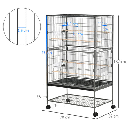 Large Bird Cage Budgie Cage for Finch Canaries Parakeet with Rolling Stand, Slide-out Tray, Storage Shelf, Food Containers, Dark Grey