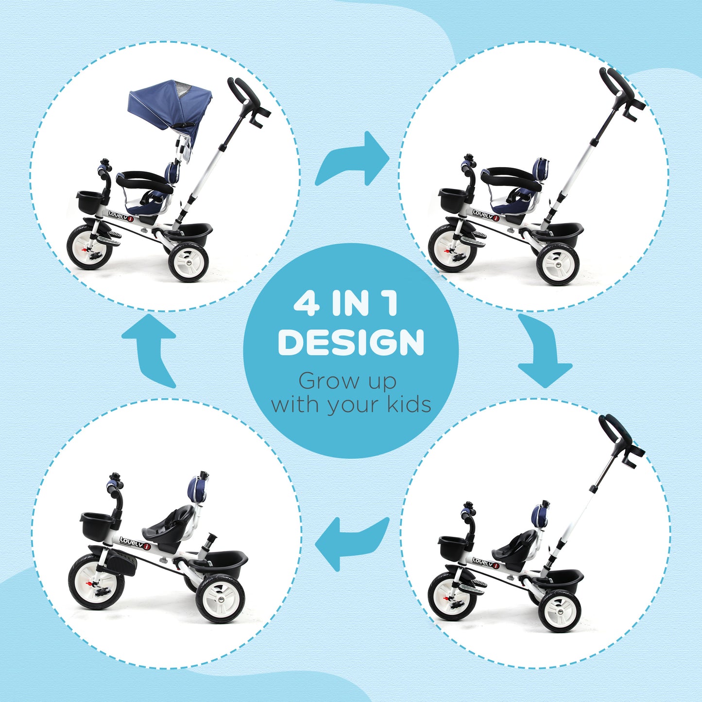 4-in-1 Baby Tricycle Stroller Kids Folding Trike Detachable w/ Canopy Blue